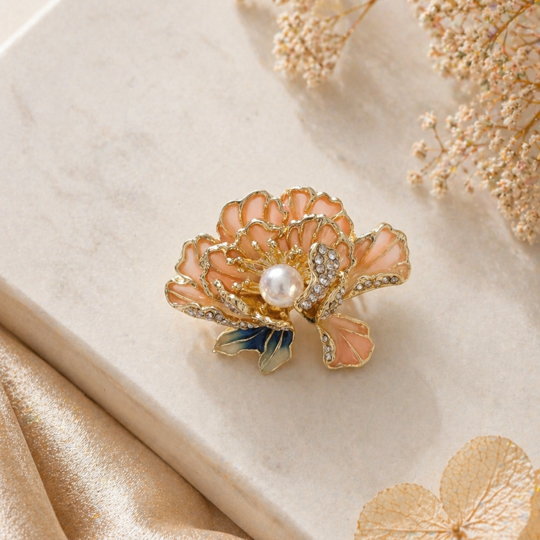 Brož KVĚT s perlou - broskvove zlata